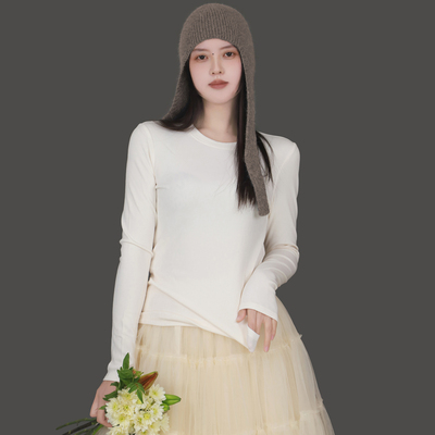 柔软修身螺纹长袖桑蚕丝打底衫女