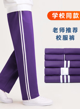 紫色校服裤子一条两道杠小学初高中生同款春秋冬季加绒厚男女儿童