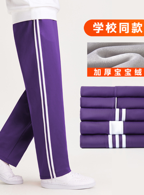 紫色校服裤子一条两道杠小学初高中生同款春秋冬季加绒厚男女儿童