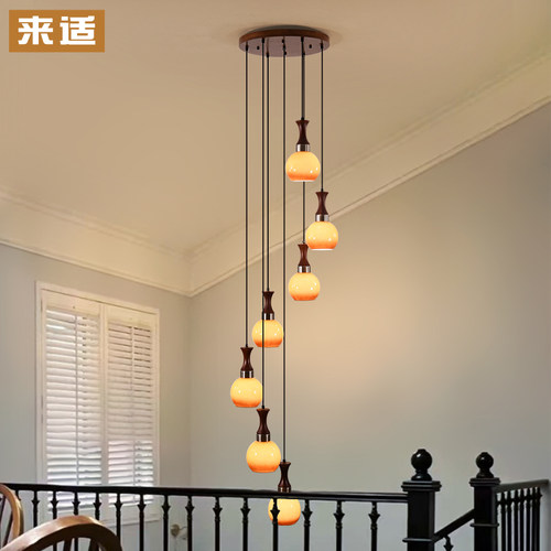 中古中式别墅挑空客厅楼梯间楼梯吊灯旋转楼梯灯loft复式楼大吊灯