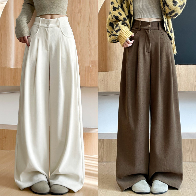 白色灯芯绒西装裤女秋冬2026年高腰直筒宽松bf慵懒风加绒阔腿裤子
