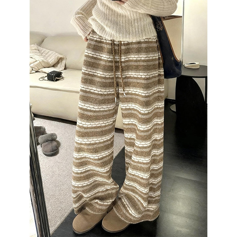 咖色加绒条纹裤女冬季2026新款慵懒风加厚糯米裤小个子宽松阔腿裤