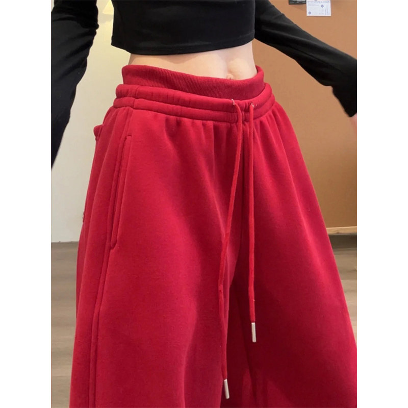 红色加绒卫裤女2026新款冬季加厚束脚运动裤小个子高腰直筒阔腿裤