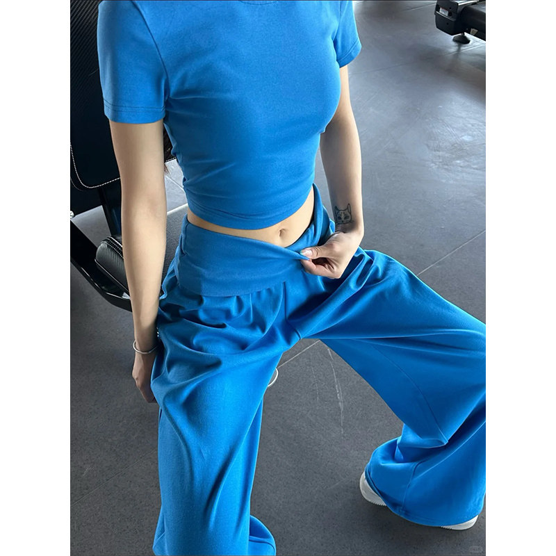 克莱因蓝翻腰运动裤女夏季薄款宽松直筒休闲小个子瑜伽健身阔腿裤