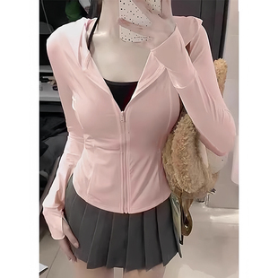 紧身开衫 V瑜伽服收腰修身 短外套上衣0325e 薄款 粉色防晒衣女夏季