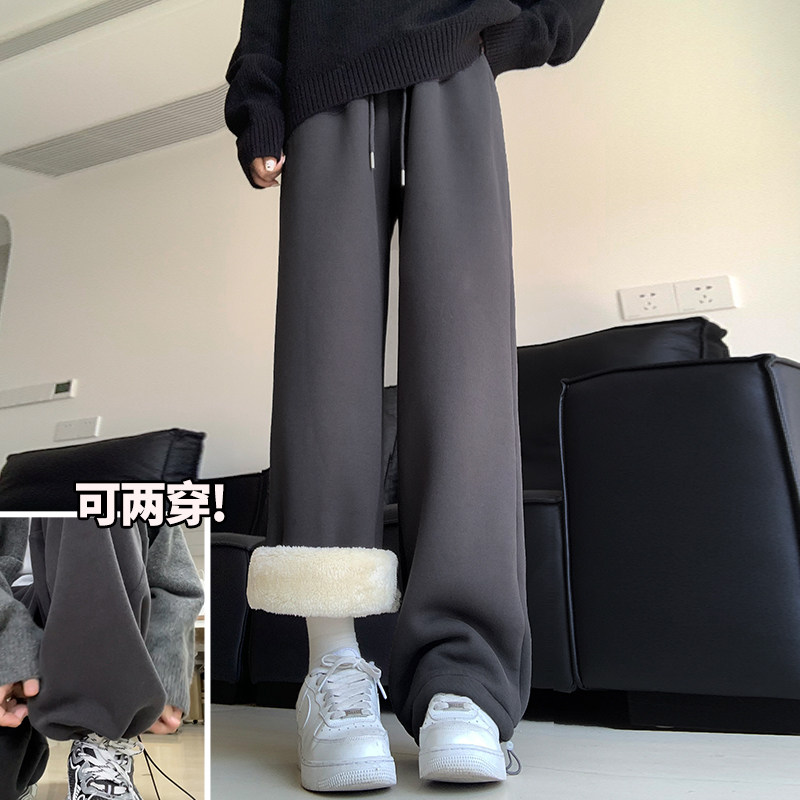 加绒裤子女秋冬季2026新款宽松休闲阔腿加厚外穿灰色羊羔绒运动裤
