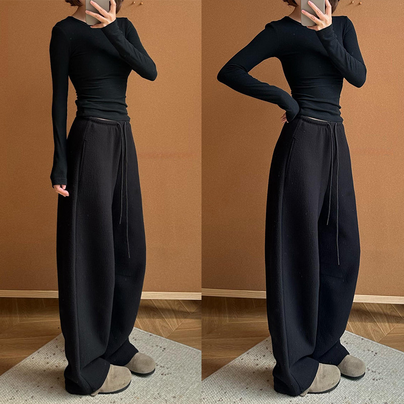 黑色加绒阔腿裤女秋冬2025新款梨形报恩裤加厚宽松bf慵懒风运动裤