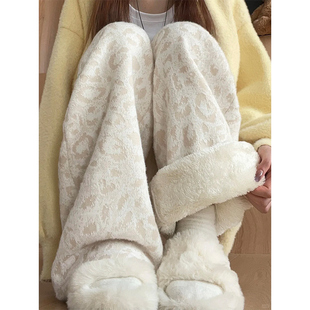 杏色豹纹加绒糯米裤女冬2025新款毛茸茸裤子羊羔绒软糯针织阔腿裤