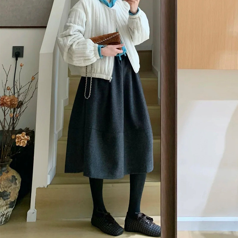 深灰色毛呢花苞裙女秋冬2025新款高腰显瘦a字伞裙加绒加厚半身裙,女装/女士精品,半身裙,淘宝优惠券,粉丝福利购,淘宝优惠卷