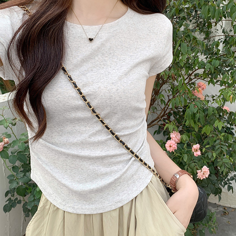 灰色正肩短袖T恤女打底衫夏季西装内搭修身显瘦百搭基础棉质上衣