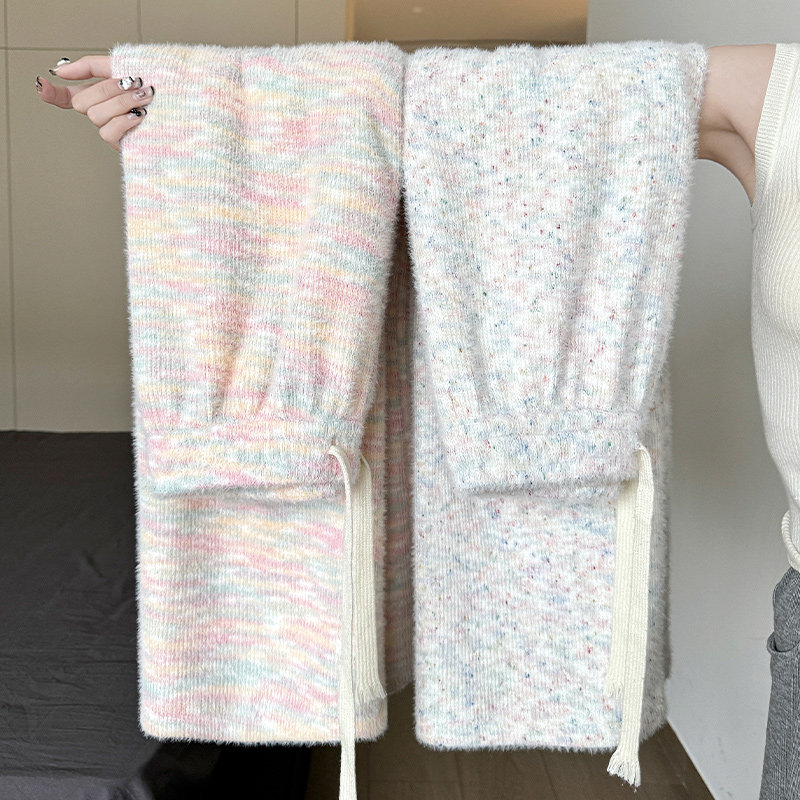 小个子糯米裤女春秋2026新款高腰垂感宽松冬季加绒彩虹白色阔腿裤