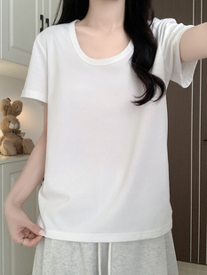 白色短袖女士宽松t恤2026新款圆领t恤宽松修身Look基本纯棉右肩上