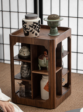 北美黑胡桃全实木置物架 可旋转茶具收纳架 桌面木质展示柜储物架