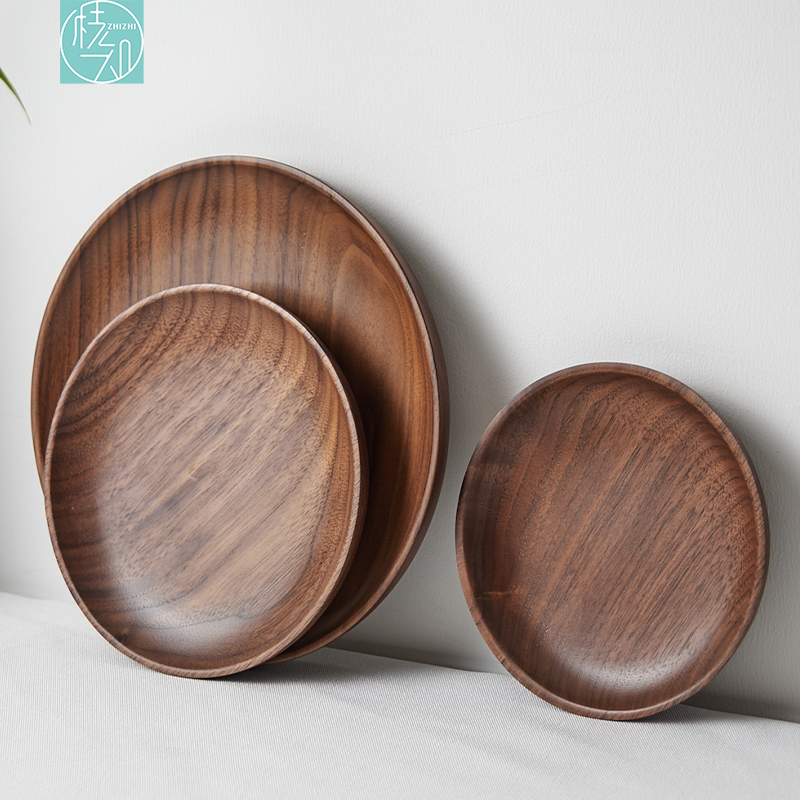 北美黑胡桃木圆形托盘 家用简约咖啡点心餐盘 木质零食果盘