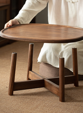 北美黑胡桃木实木茶几 天圆地方可折叠茶桌 原木纹理木质小圆桌