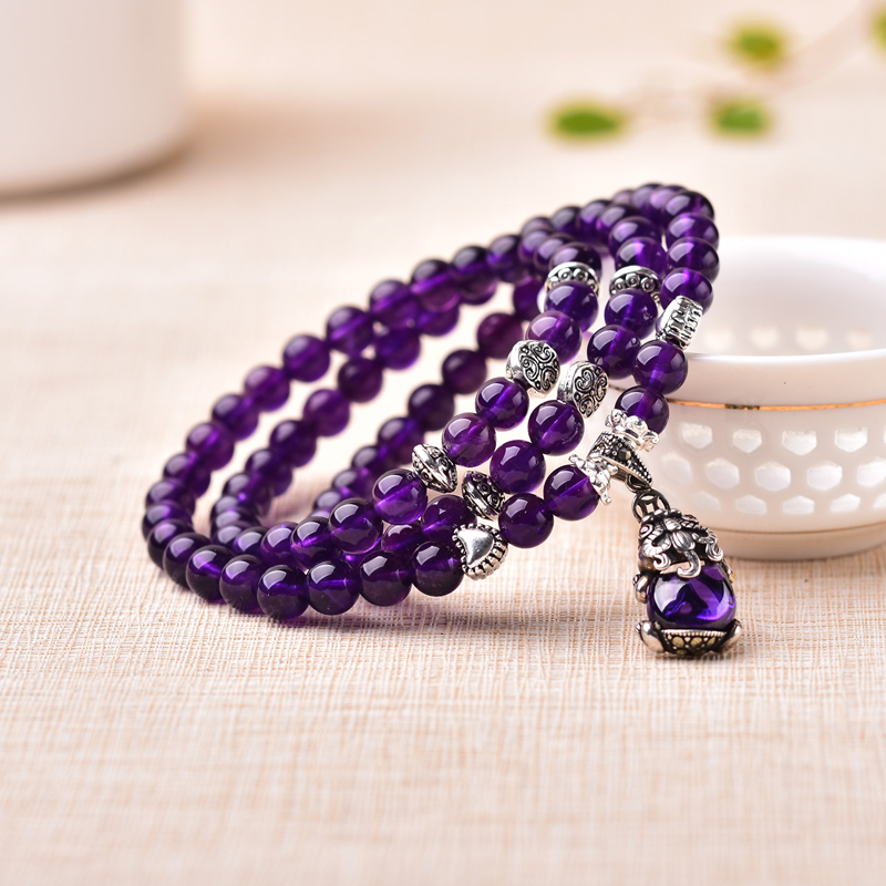 净云紫水晶手链女多圈S925银貔貅狐狸吊坠天然紫色项链手串饰品