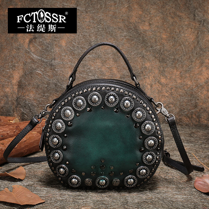 法缇斯新款原创设计复古手工铆钉圆形手提包头层牛皮单肩斜挎包女,箱包皮具/热销女包/男包,通用款女包,淘宝优惠券,粉丝福利购,淘宝优惠卷