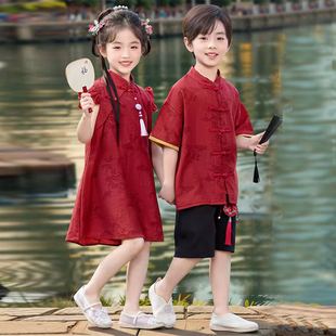 女童新中式连衣裙红色裙子汉服男童唐装夏季古风改良日常可穿汉服