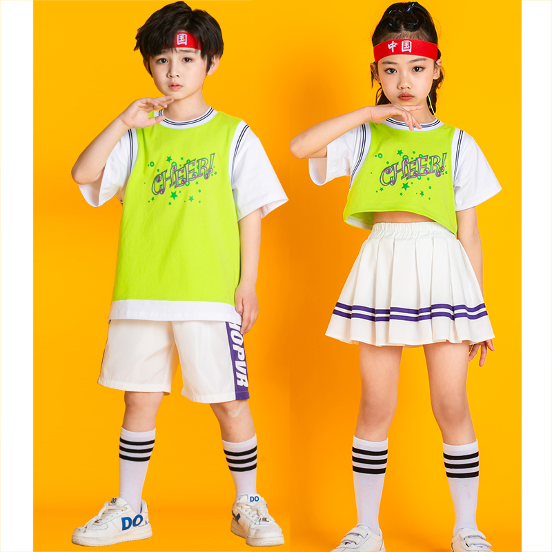 幼儿园啦啦队六一儿童节演出服可爱风拼色短袖拉拉操舞蹈表演服