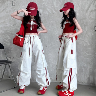 时尚 爵士舞夏装 酷飒米白色街舞服小众炸街走秀 短款 女童露脐背心装