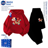 NASA儿童拜年服2026马年本命年红色加绒卫衣套装 女童运动服两件套