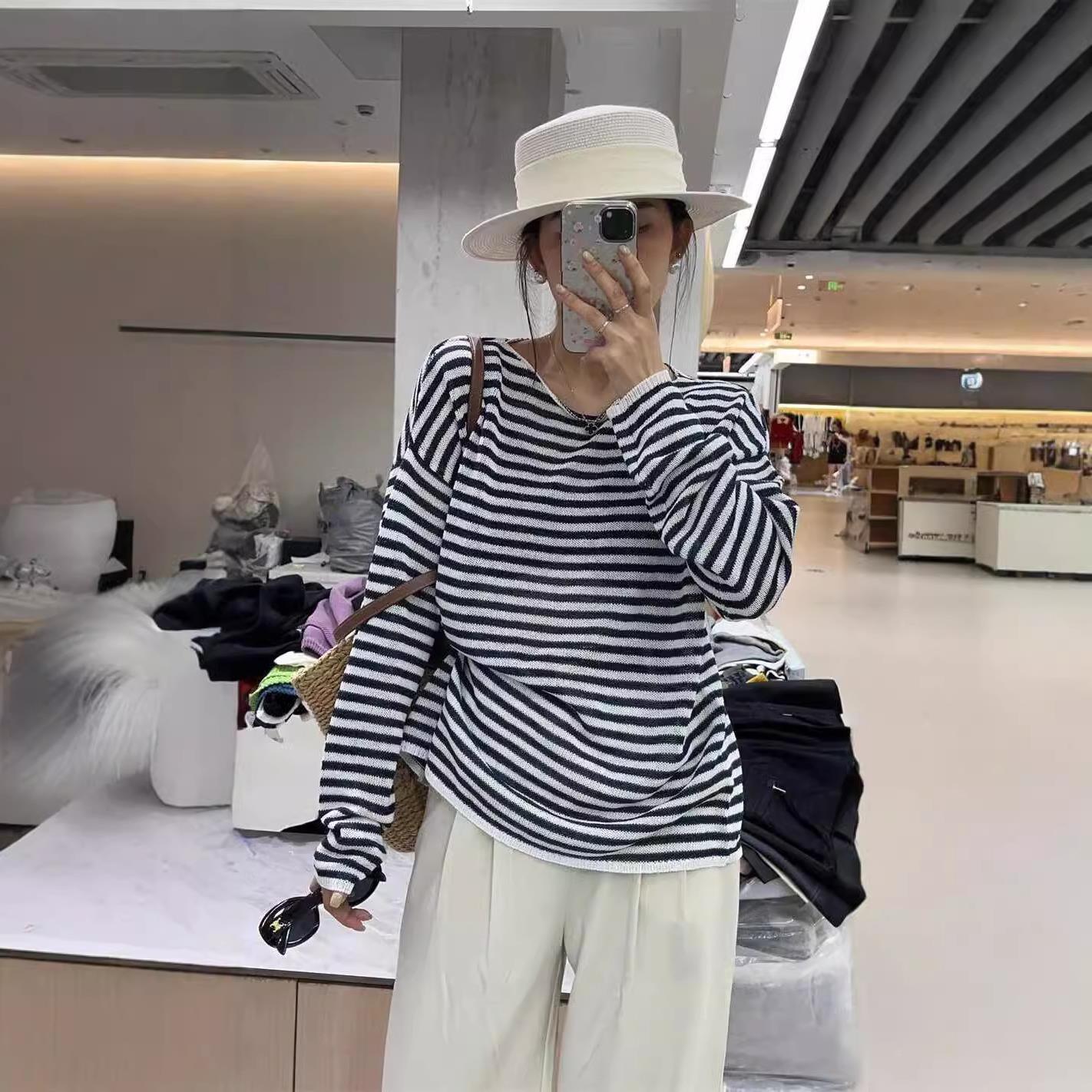 欧洲站2024早秋新款休闲宽松慵懒遮肉和纸纱针织衫女长袖透气上衣