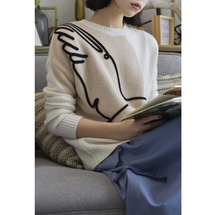 羊毛立体嵌花和平鸽针织衫秋季女宽松毛衣RNAG6ZW005