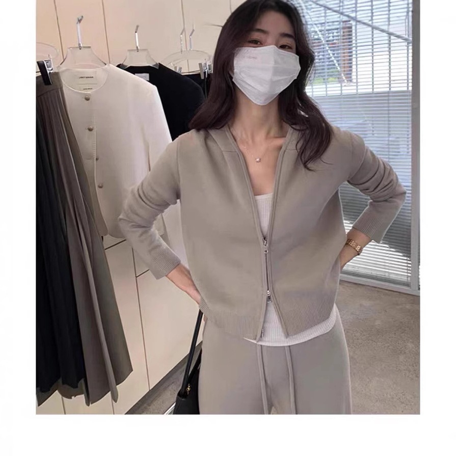 ZDALU 连帽羊毛针织开衫外套女春秋新款休闲阔腿裤子两件套套装