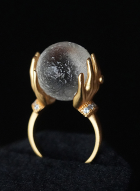 Shaw小众设计S925银复古陨石星球手工水晶球个性戒指礼物食指戒女