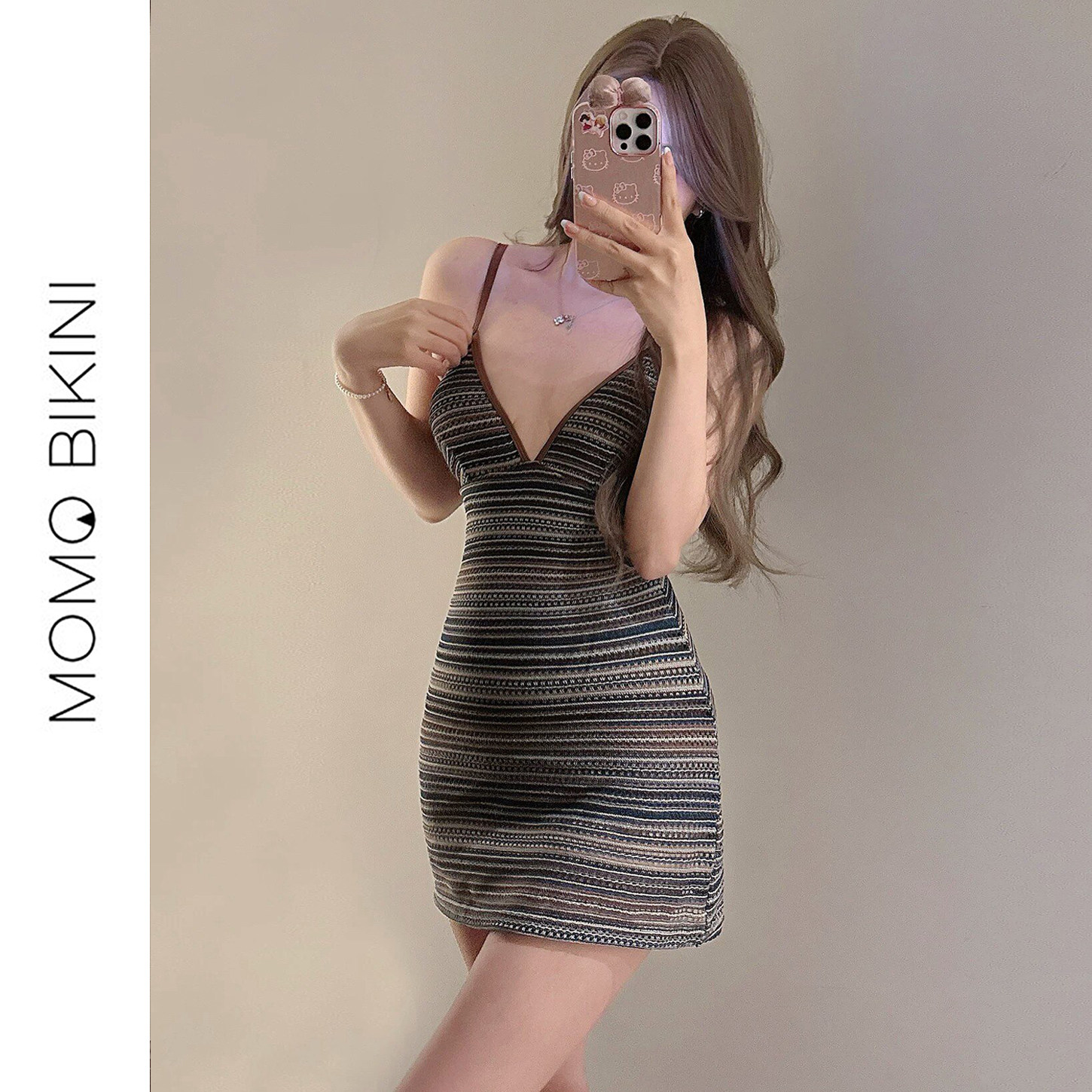 复古条纹遮肚显瘦裙式连体泳衣女