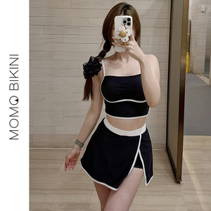黑白撞色美背遮肚显瘦裙式泳衣女