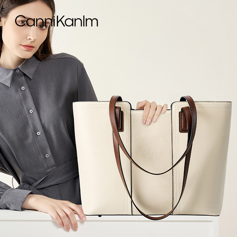 CanniKanlm真皮大容量撞色托特包