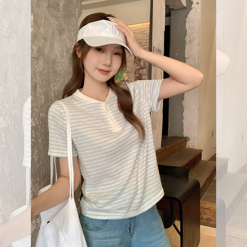 【米澜时装】韩系蓝白条纹柠檬海盐穿搭半开领正肩短袖T恤女夏日