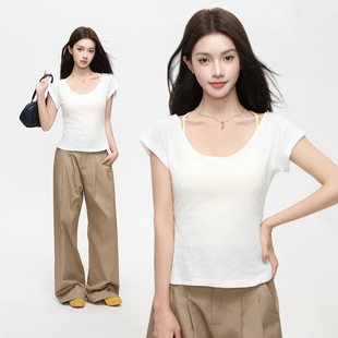 薄款 t恤女夏季 米澜时装 宽松气质慵懒露锁骨 白色简约U领短袖
