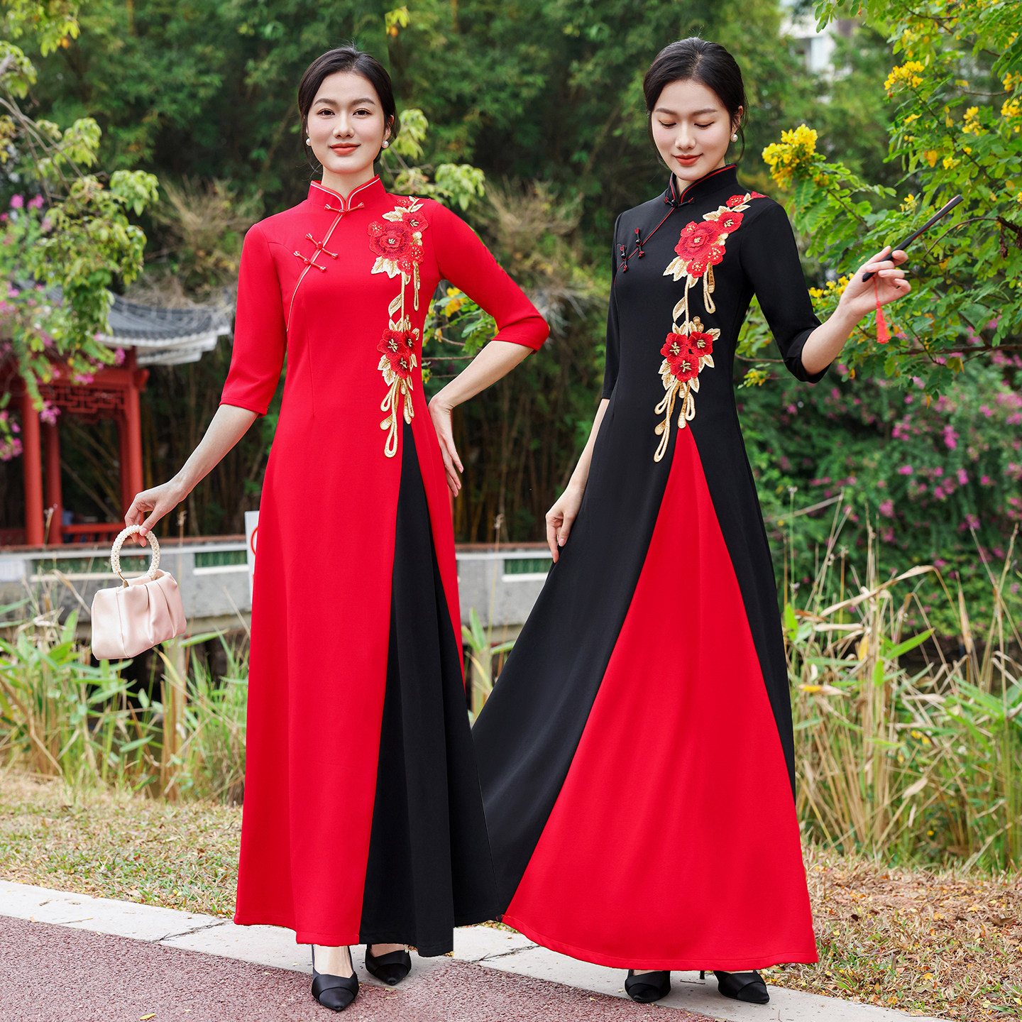 新款走秀旗袍舞台演出服高端中国风大码越南奥黛改良连衣裙长款春