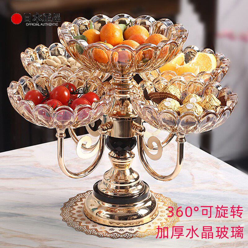 日本水果盘客厅家用水晶玻璃多层欧式旋转果盘轻奢茶几零食糖果盘