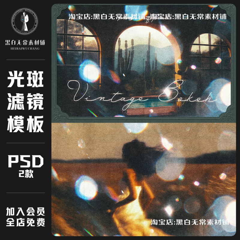 复古颗粒模糊光效光斑镜头漏光照片效果PSD特效滤镜样机模板素材