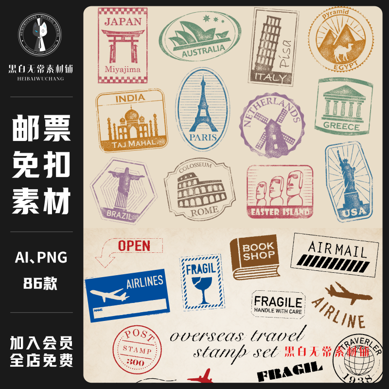 复古欧式邮票logo印章邮戳盖章矢量图案电子手账贴纸美工素材png