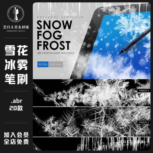 唯美透明雪花粒子飘散冰霜冰雾气体冰柱ps笔刷饭圈美工设计素材包