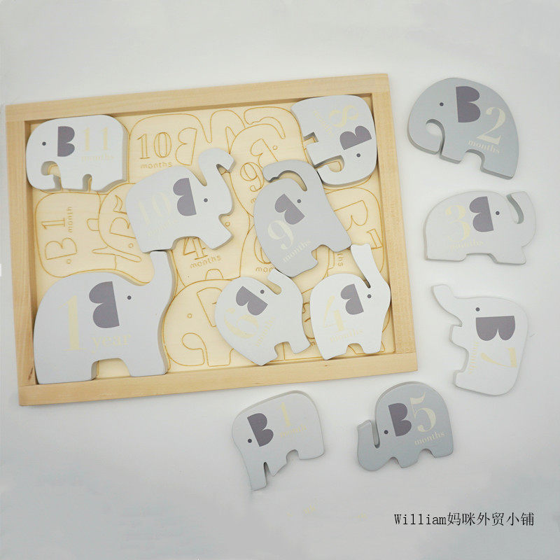 北欧风格灰色大象数字拼图儿童玩具木质叠叠乐积木幼儿园早教益智
