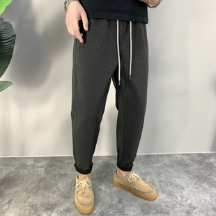 微锥形纯色毛呢裤 休闲裤 松紧腰抽绳冬季 韩版 子 2025男士 潮流裤 厚款