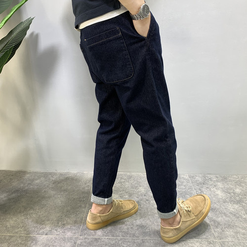 男加厚显瘦牛仔裤蓝色锥形裤