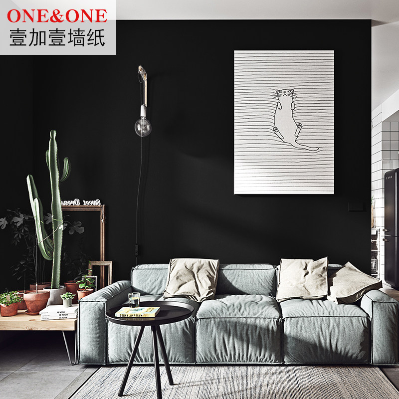 黑色壁纸卧室餐厅创意个性无纺布纯黑色墙纸欧式黑色背景墙 北欧