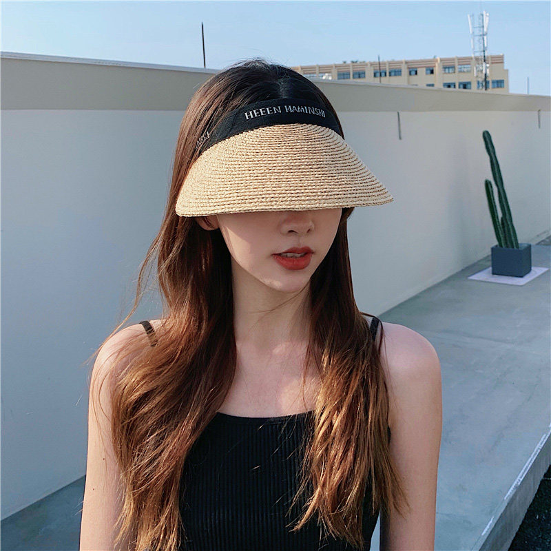 拉菲草空顶发夹帽女防晒时尚网红遮脸遮阳帽发箍帽子沙滩编织草帽