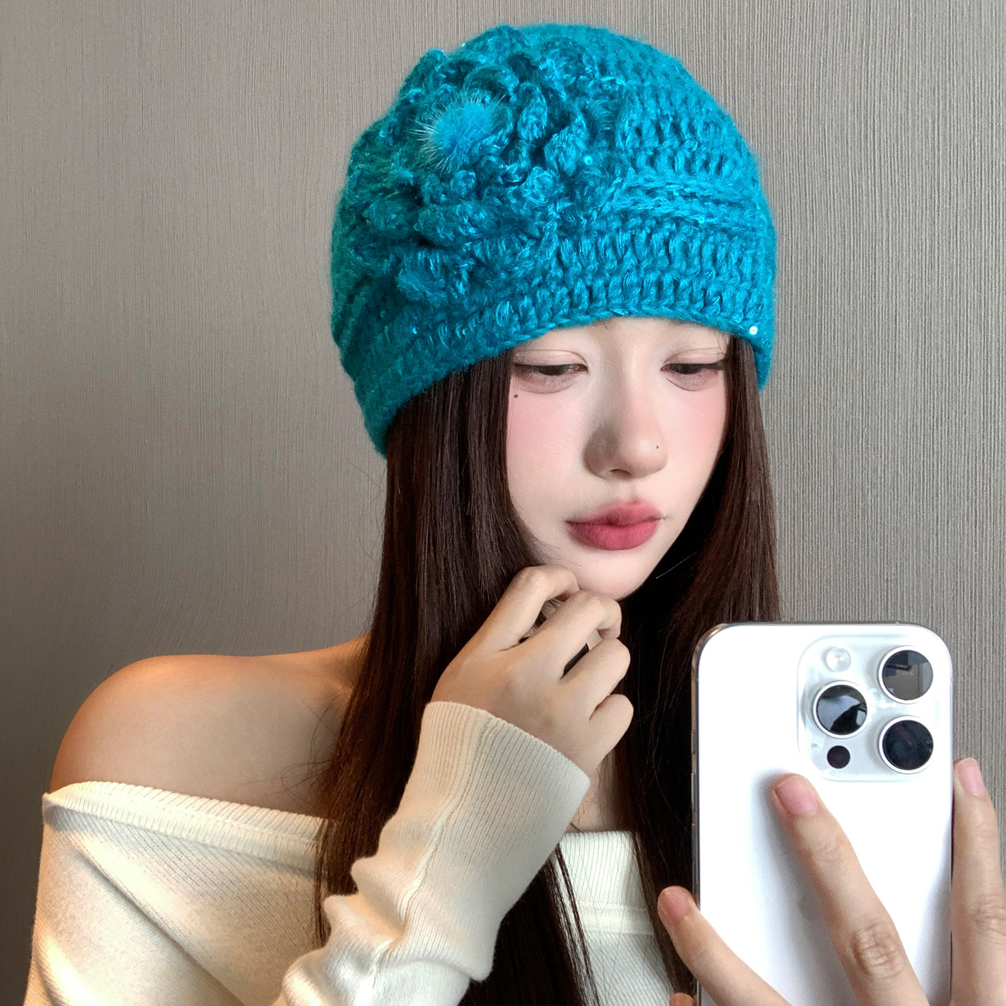 氛围感亮片立体花朵针织包头帽