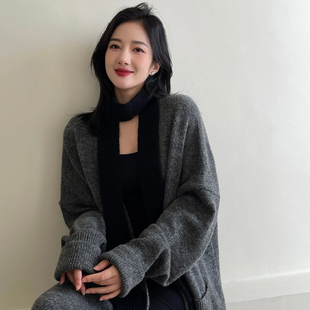 围脖潮 细长条围巾女秋冬凹造型百搭纯色复古针织窄版 韩版 小众新款