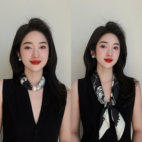 磁扣小丝巾女珍珠懒人护颈