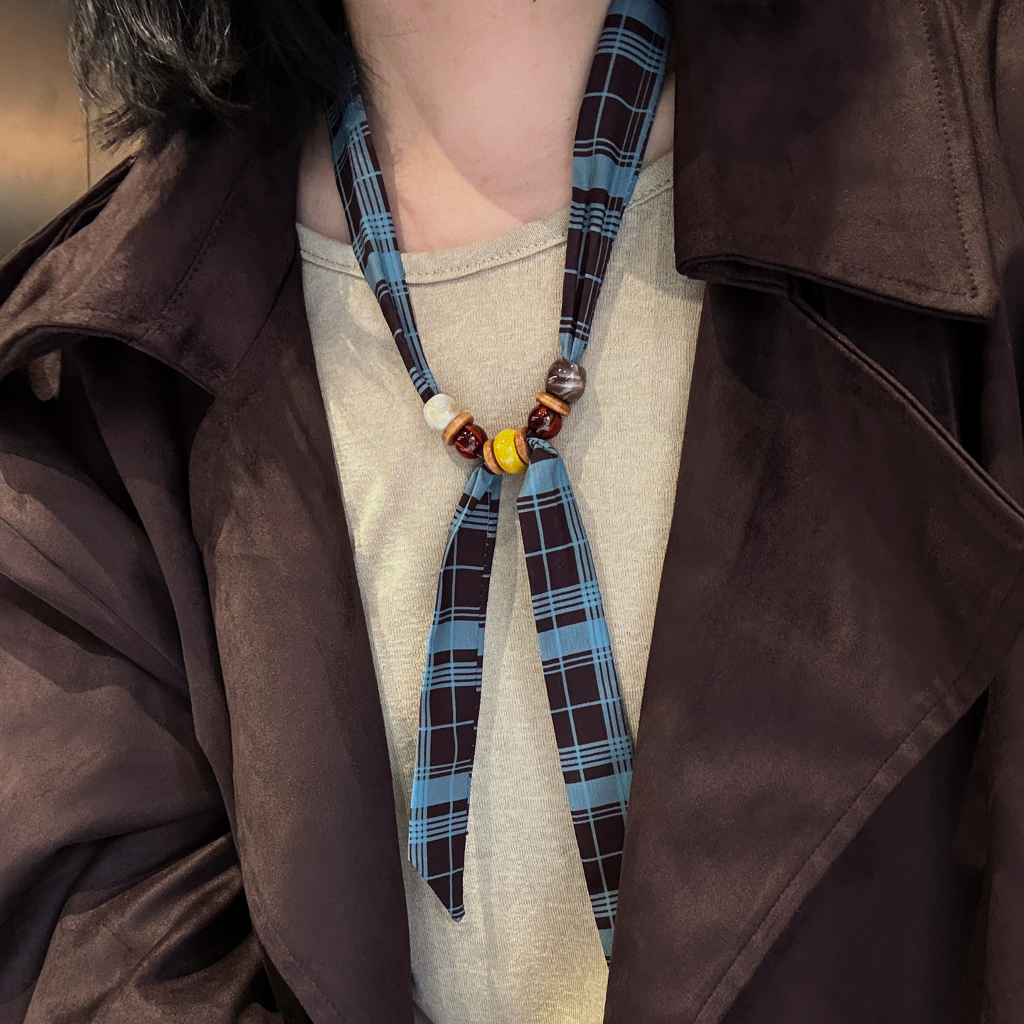 串珠可调节丝巾项链女美拉德拼色