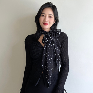 甜美复古小波点雪纺丝巾女细窄薄款装饰长条围巾时尚百搭领巾飘带