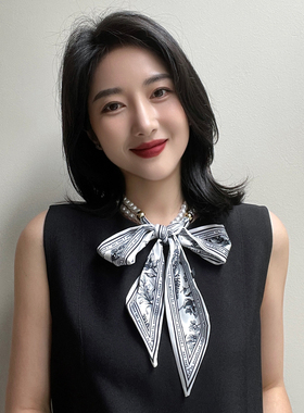 雪林鹿珍珠项链丝巾女法式复古春夏丝带韩版装饰绑发带小领巾飘带